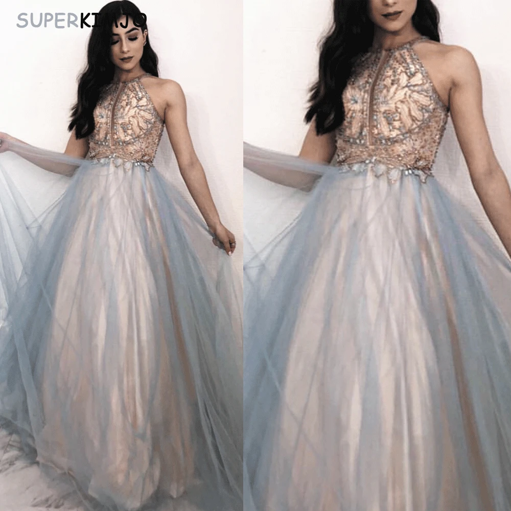 

SuperKimJo Halter Prom Dresses 2019 Beaded Backless A Line Silver Elegant Prom Gown Vestidos Cortos De Fiesta Elegante