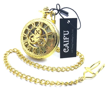 

CAIFU Brand Skeleton Steampunk Golden Case Arabic Number Dial Mechanical Hand Wind Mens Pocket Watch w/Chain Half Hunter Watch