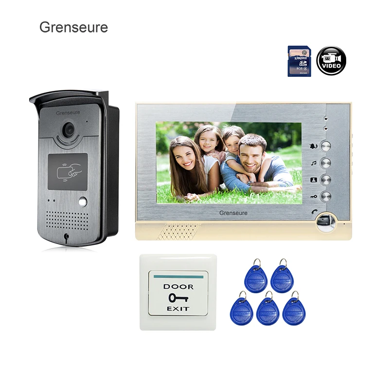 

FREE SHIPPING 7" Color Screen Video Intercom Door Phone System Recording Monitor + Outdoor RFID Access Door Camera + 8G SD Card