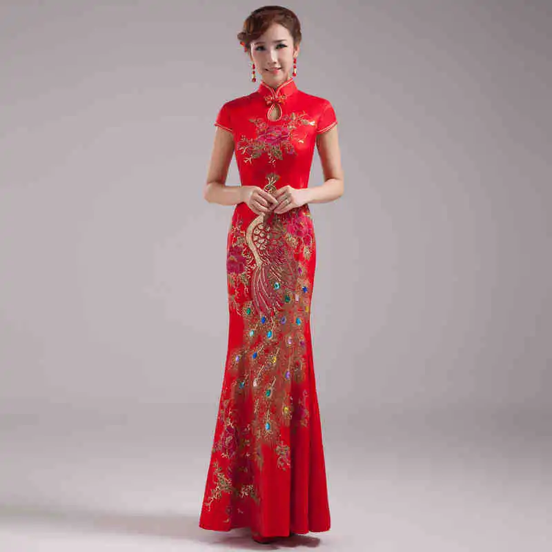 Красный Cheongsam китайское традиционное платье Oriental Свадебные Платья Чино tradicional невесты традиции Для женщин феникс Вышивка