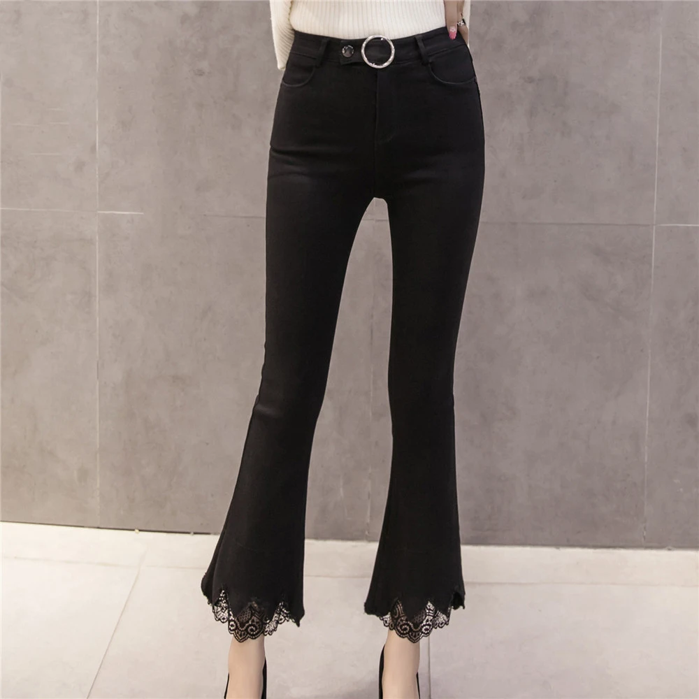 Metal N518d Pants Black Female Trouser High Spliced Lace Ring Skinny Flare Pantalon 8301 Leggings Waist Slim Women Casual Femme For qwFUCz