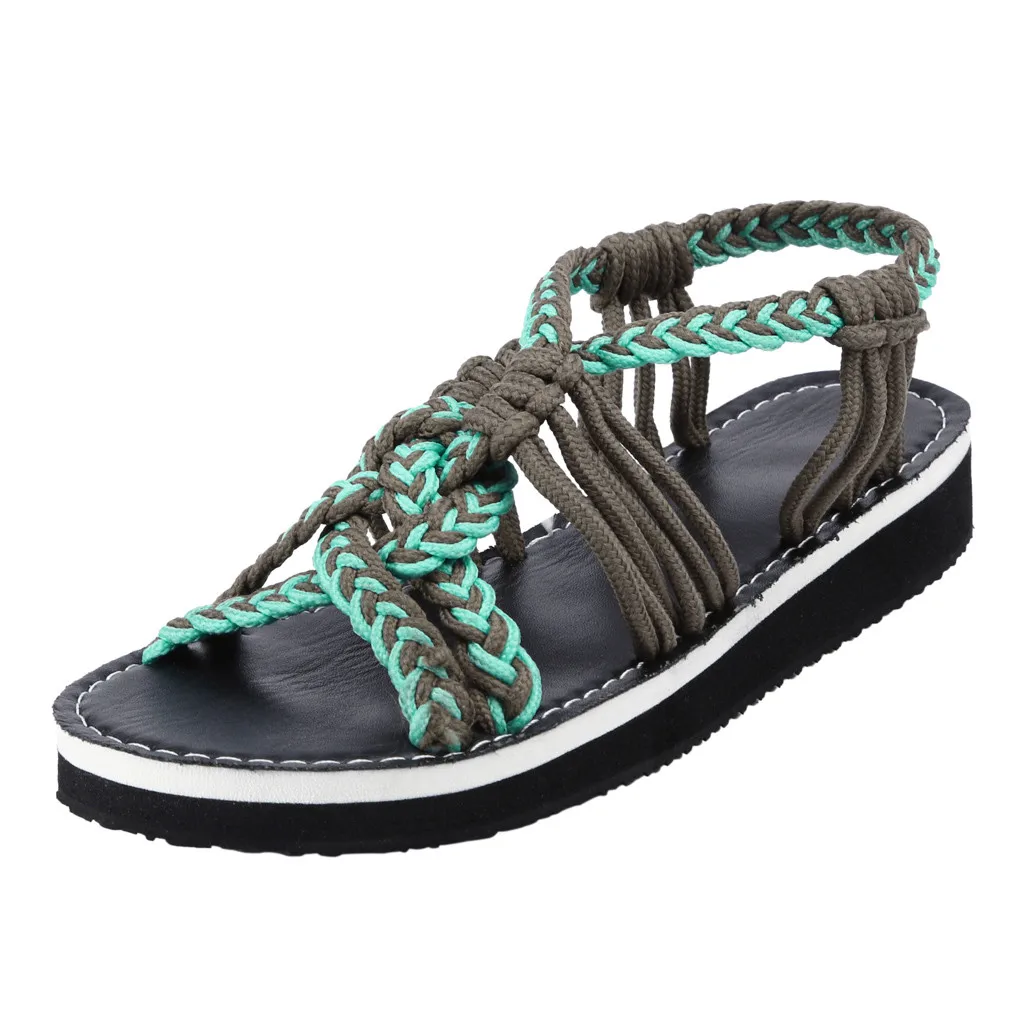 

SAGACE Fashion Summer Women Sexy Non-Slip Outdoor Round Toe Hemp Rope Cross Flat Woven Matching Sandals Toe Roman Beach Shoes