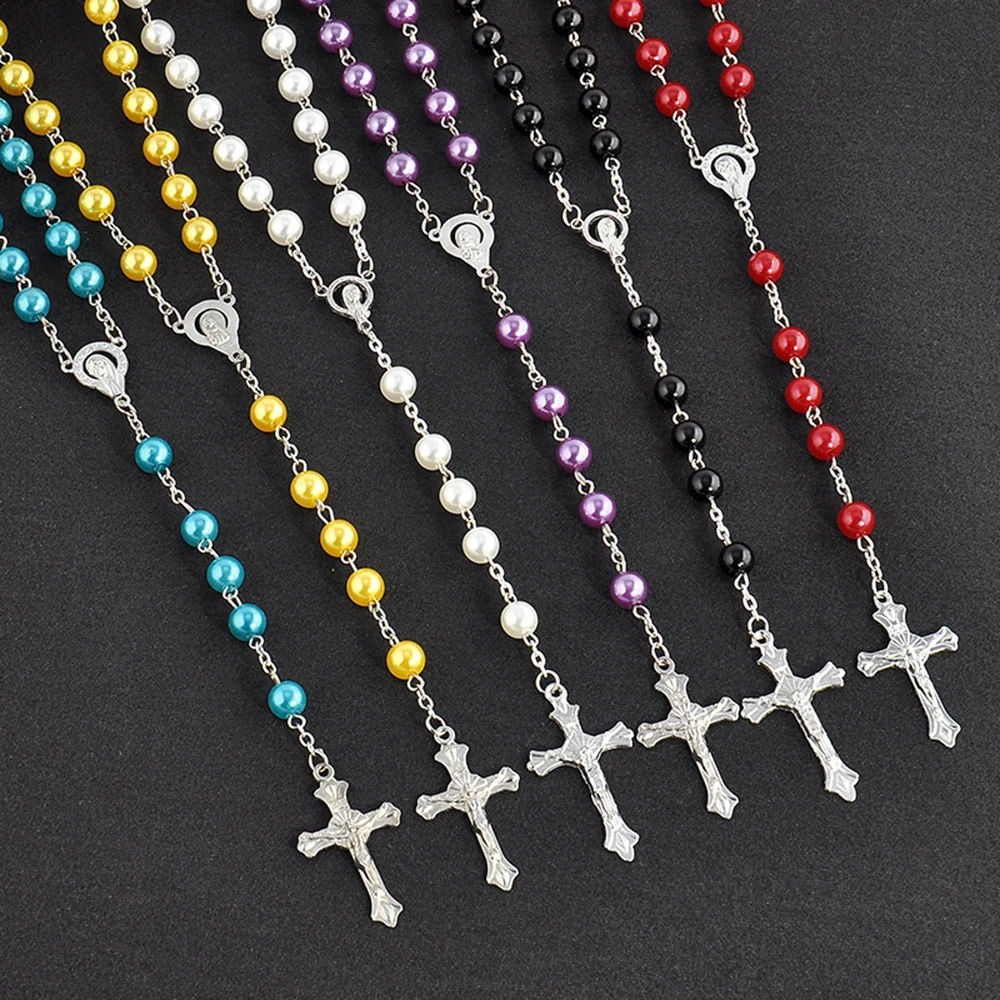 Fashion Rosary Cross Pendant Beads Necklace Sweater Chain Clothes
