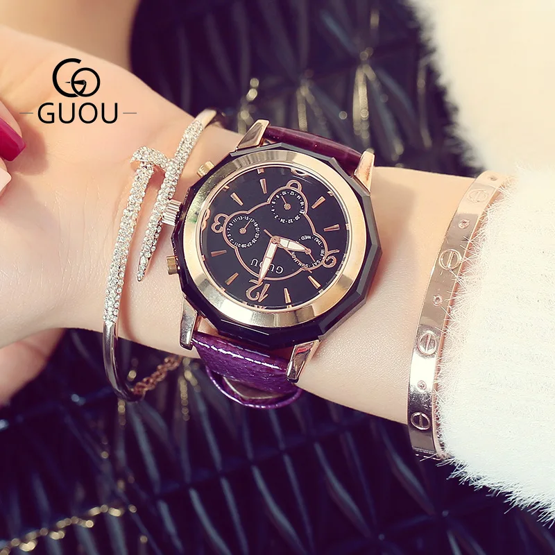 

New Arrival GUOU Genuine Leather 3 Eyes Waterproof Quartz Women' Ladies' Wedding Quartz Wristwatches Wrist Watch Gift OP001