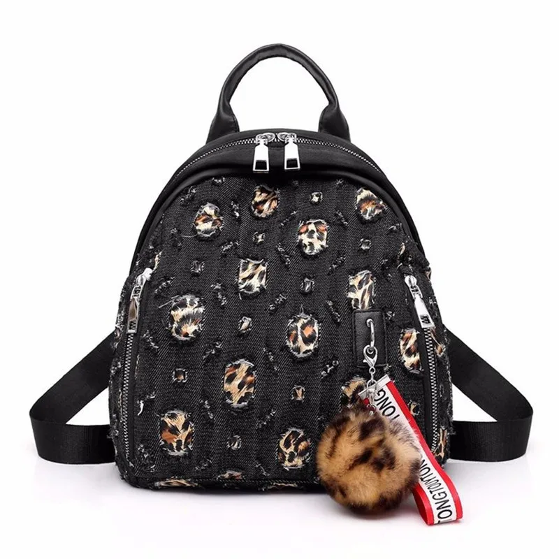 

Hole Backpack Denim Leopard Fashion Leisure or Travel Bag for Women Cute School Backpack for Teenage Girls New 2018 Package