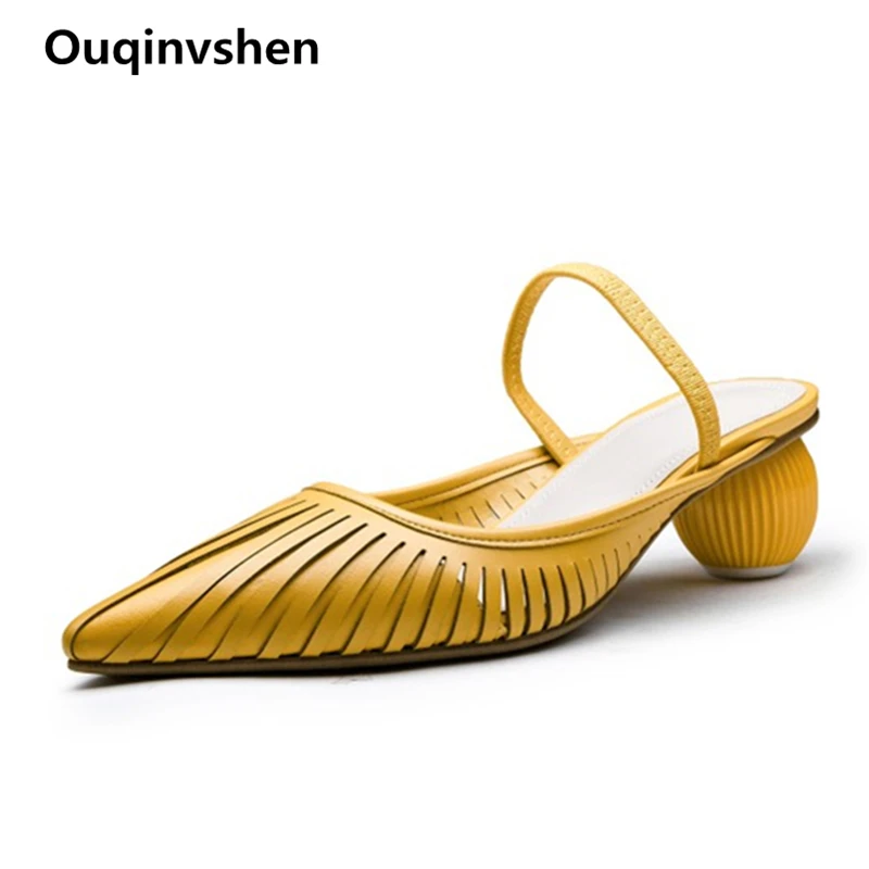 Ouqinvshen Pointed Toe Yellow Heels Fashion Strange Style Party Casual Summer Sandals 2019 Genuine Leather Sexy Shoes Woman 2019 Ouqinvshen Pointed Toe Yellow Heels Fashion Strange Style Party Casual Summer Sandals 2019 Genuine Leather Sexy Shoes Woman 2019