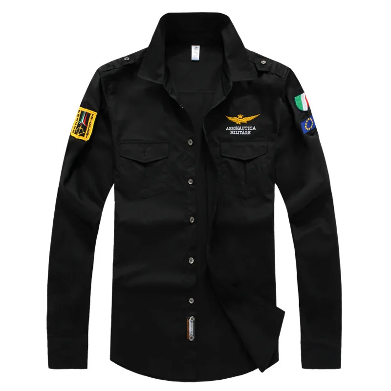 Летняя мужская рубашка в Военном Стиле, высокое качество, одноцветная походная рубашка с длинными рукавами, авиация, один пилот, походная рубашка 4XL - Цвет: black