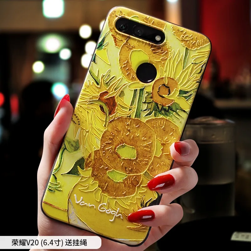 

HonorV20 Van Gogh Sunflower Vegetable Field oil painting embossed Relief case For Huawei Honor V20 case cover