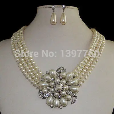 

Hot sell Noble- Miss charm Jew.130 Wedding Flower Lots Pearls Necklace Earrings Set Clear Rhinestone Crystal (A0516)