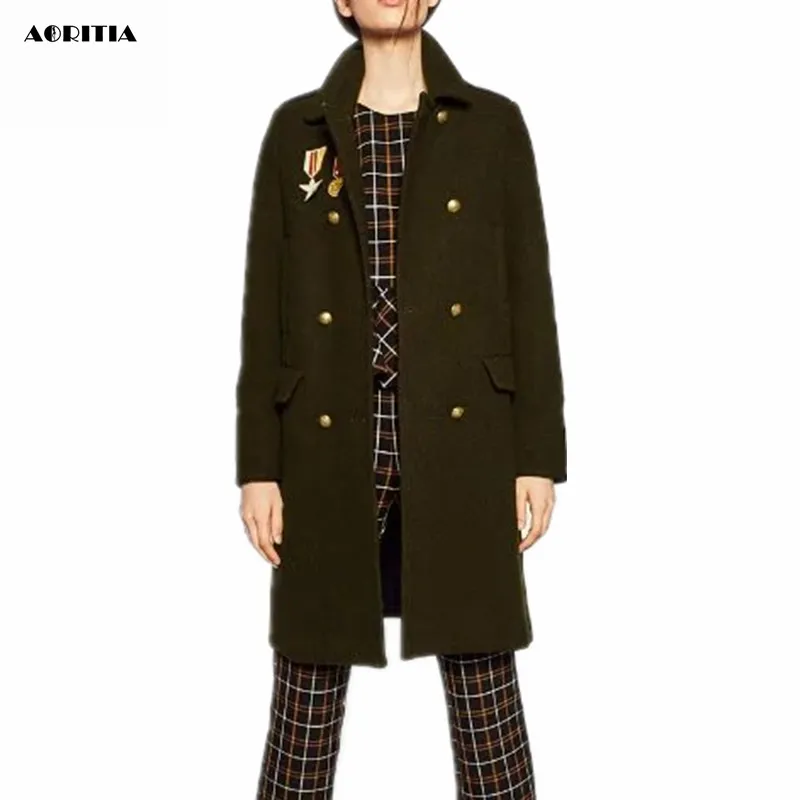 2016 Winter Women New Military Style Appliques Coat Woolen Long Jackets