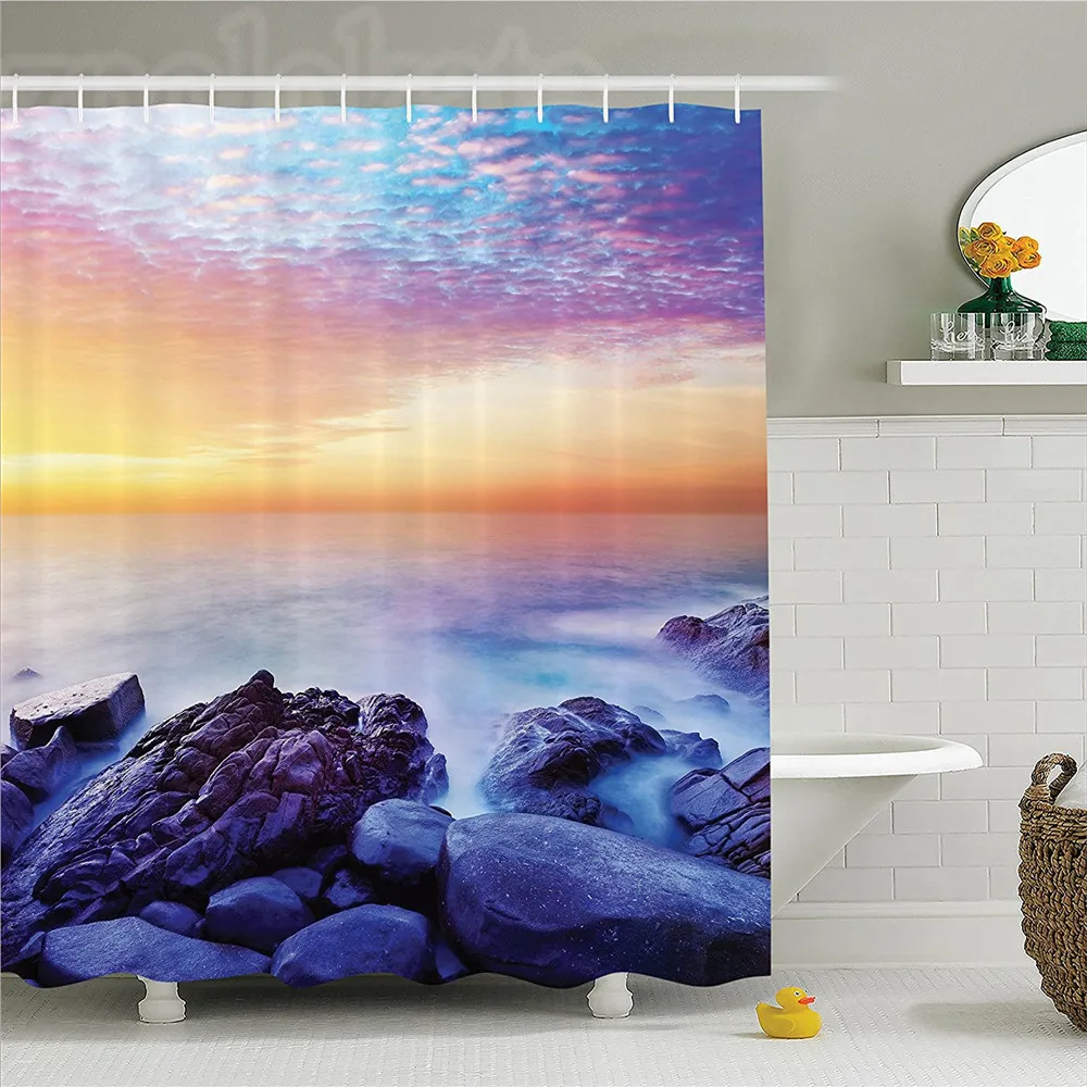 Seaside Decor Shower Curtain Set Dream Sky with Rainbow Colors in the