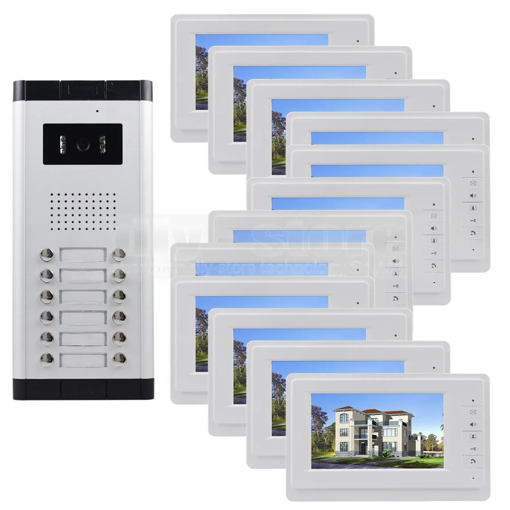 DIYSECUR Quality 7\ 4-Wired Apartment Video Door Phone Audio Visual Intercom Entry System IR Camera for 12 Families