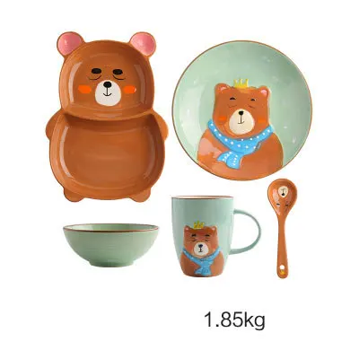 Cute Ceramica Plates Glazed Creative Hand Painted Bowl Spoon Set Breakfast Steak Children's Fruit Plate Animal Dish Cutlery - Цвет: X bear set