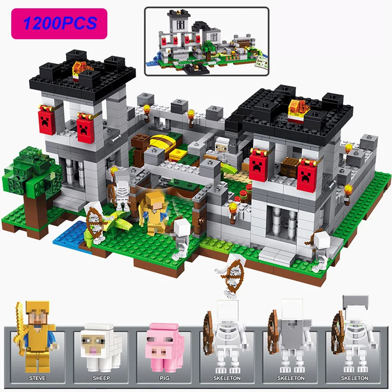 

New 4 IN 1 1200pcs My World The Fortress Compatible LegoINGLYS Minecraft Action Figures Building Block Bricks Toys For Children