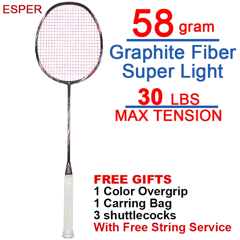 Esper 58Gram 9U Carbon Fiber Badminton Racket Professional Lightweight Graphite High Quality Racquet With Gifts 3 Colors |