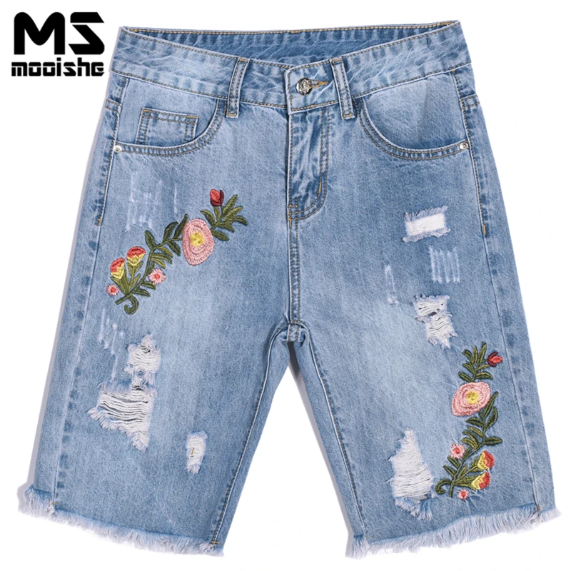 Mooishe Summer Embroidered Jeans Tassel for Women Ripped Flower Embroidery Knee Length Denim Shorts Pants Multi