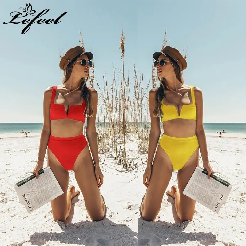 

Sexy High Waist Swimwear Women Solid Swimsuit Summer Bikinis Tube Top Red Yellow Bathing Suit Female Beachwear Biquini