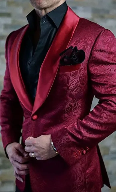 

New Fashion One Button Burgundy Paisley Groom Tuxedos Shawl Lapel Groomsmen Mens Suits Blazers (Jacket+Pants+Tie) W:775