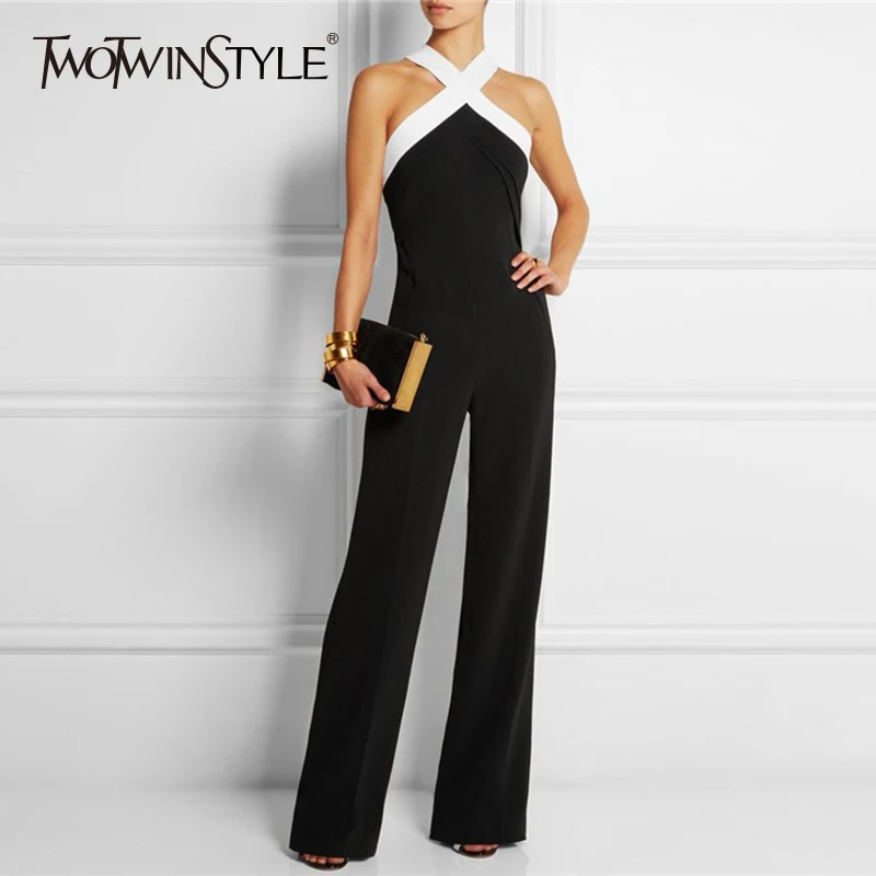

TWOTWINSTYLE Off Shoulder Jumpsuits Female Cross Lace Up Slim High Waiat Long Wide Leg Pants 2019 Summer Fashion OL Clothing