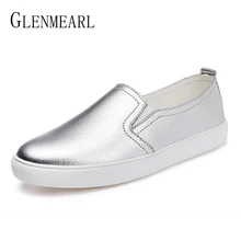 Женские лоферы; женская обувь из натуральной кожи на плоской платформе; брендовая повседневная обувь серебристого и белого цвета; сезон весна-осень; женская обувь на плоской подошве с круглым носком