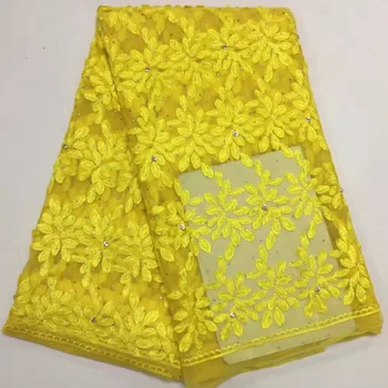 

Latest Net French Lace Material High Quality French Net African Lace Fabric With Rhinestone Nigerian Yellow Wedding African Lace