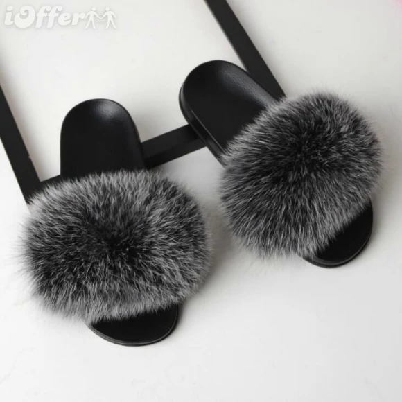 

new Women Fox Fur Slippers Real Fox hair Slides Female Furry Indoor Flip Flops Casual Beach Sandals Fluffy Plush Shoes