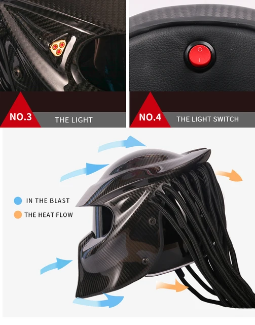  Casque Moto Predator,Casque Intégral Personnalité Fibre Carbone  Bluetooth avec Tresse Cheveux et Lumière LED,pour L'équitation Plein air Ou  Soirées Club et Accessoire Cosplay,D-XXL=63~64CM