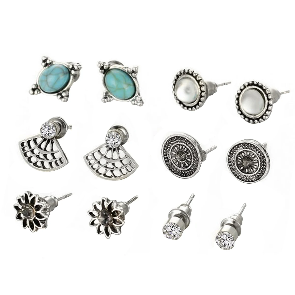 6pairs/ set Vintage Crystal Heart Earrings For Women Stone Beads Ear Cuff Piercing Ears Clips Steampunk Love Party Earring Sets