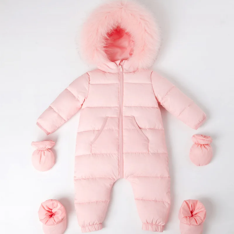 Водонепроницаемый Зимний комбинезон для новорожденных от 0 до 4 лет зимняя одежда с натуральным лисьим мехом Пуховый комбинезон с утиным пухом, утепленный комбинезон для младенцев - Цвет: Розовый