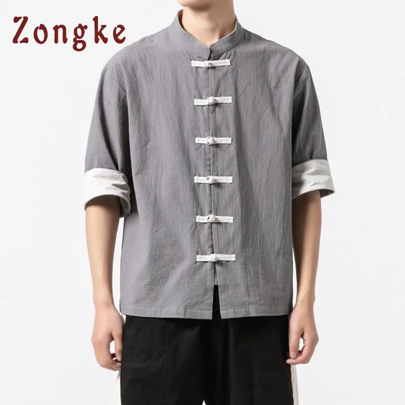 Grey Zongke, китайский стиль, короткий рукав, летняя, винтажная, мужская, модная, уличная, мужская рубашка, короткий рукав, блузка, мужские рубашки, 5XL - Цвет: Grey