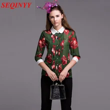 Print Blouse 2016 Summer New Classic Peter Pan Collar Three Quarter Sleeve Single Button Blouse stand collar single breasted three quarter sleeve blazer