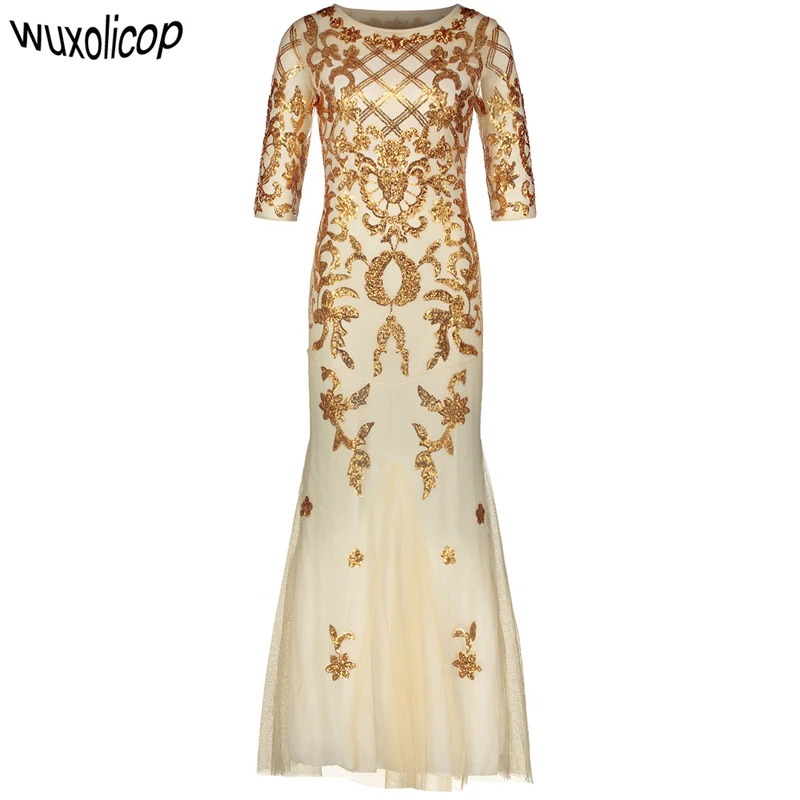

Vintage 1920s Long Formal Dress See-Through Half Sleeve Embroidery Floral Sequin Party Dress Sexy Maxi Mermaid Dress Vestido