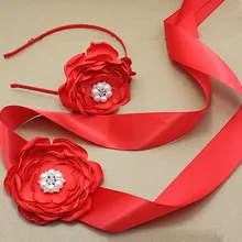 red satin Flower Sash and headband with pearl wedding Bridal silk Flower Belt Dress gown sash girl dress hair accessories