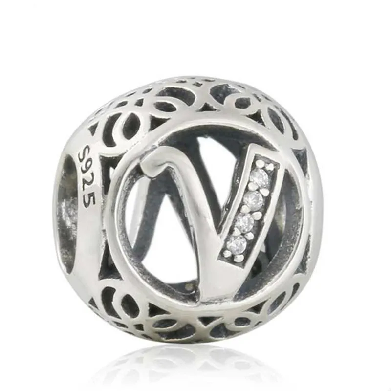 New 925 Sterling Silver Openwork Letter V Metal Alphabet Beads For 