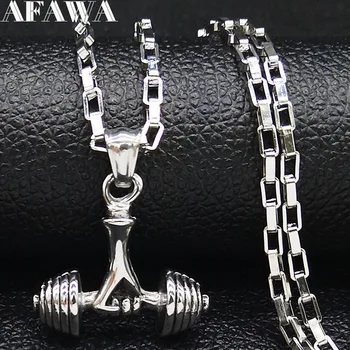 

2020 Fashion Dumbbell Stainless Steel Necklaces Men Silver Color Long Statement Necklace Jewelry acero inoxidable joyeria N19074