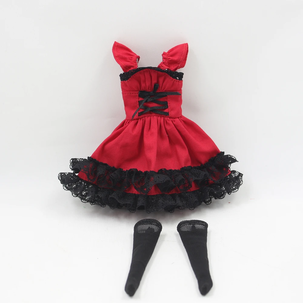 

Outfits for Blyth doll Red maid dress with black lace including the black stocking cute suit for 1/6 azone BJD pullip licca