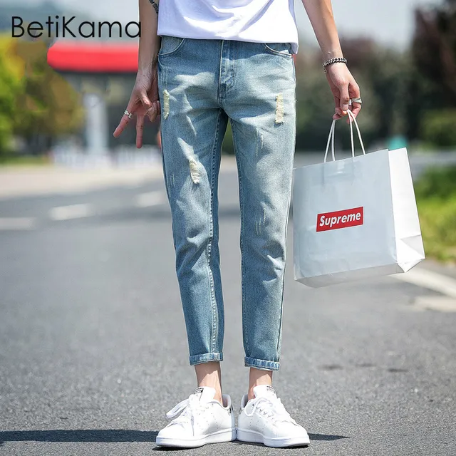 Betikama 18 Summer Jeans Men Fashion Plus Size Mid Waist Light Blue Denim Vintage Ankle Length Pants Ripped Jeans For Men Jeans Aliexpress