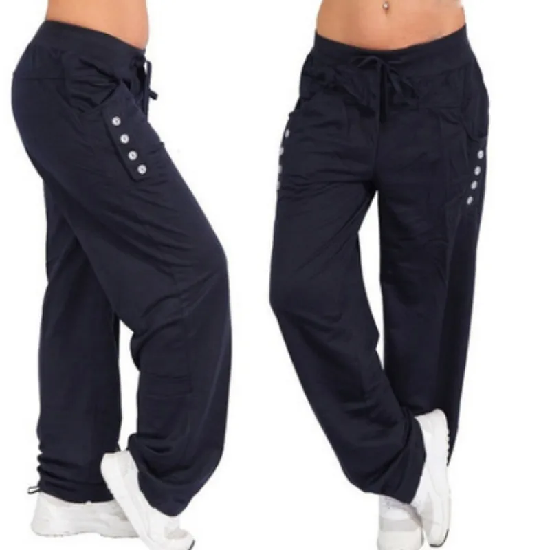 HOUZHOU S-5XL Drawstring Solid Harem Pants Women Loose Straight Ankle Length Trousers Mid Elastic Waist Plus Size Button Jogger HOUZHOU S-5XL Drawstring Solid Harem Pants Women Loose Straight Ankle Length Trousers Mid Elastic Waist Plus Size Button Jogger