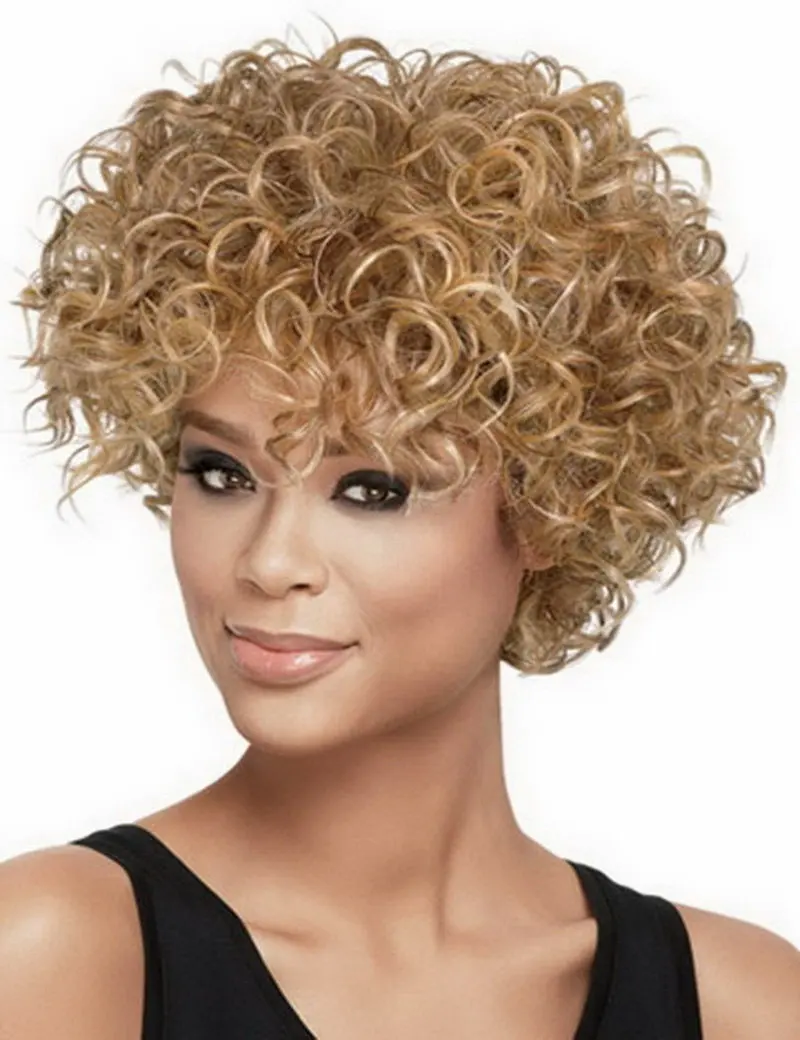 Fashion Sexy Heat Resistant Synthetic Blonde Afro Hair African American Short Curly Wigs For