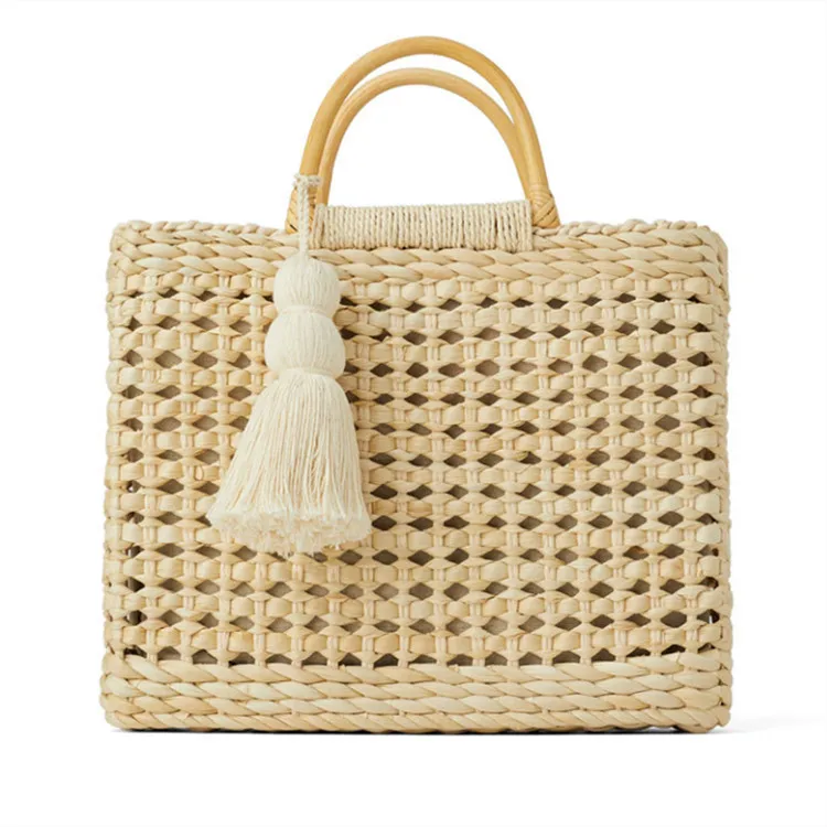 

2019 New Wooden Hand-held Natural Colors Hand-held Shopping Bag with Rabdosia Oblique Pure Colors Knitted Bag for Women