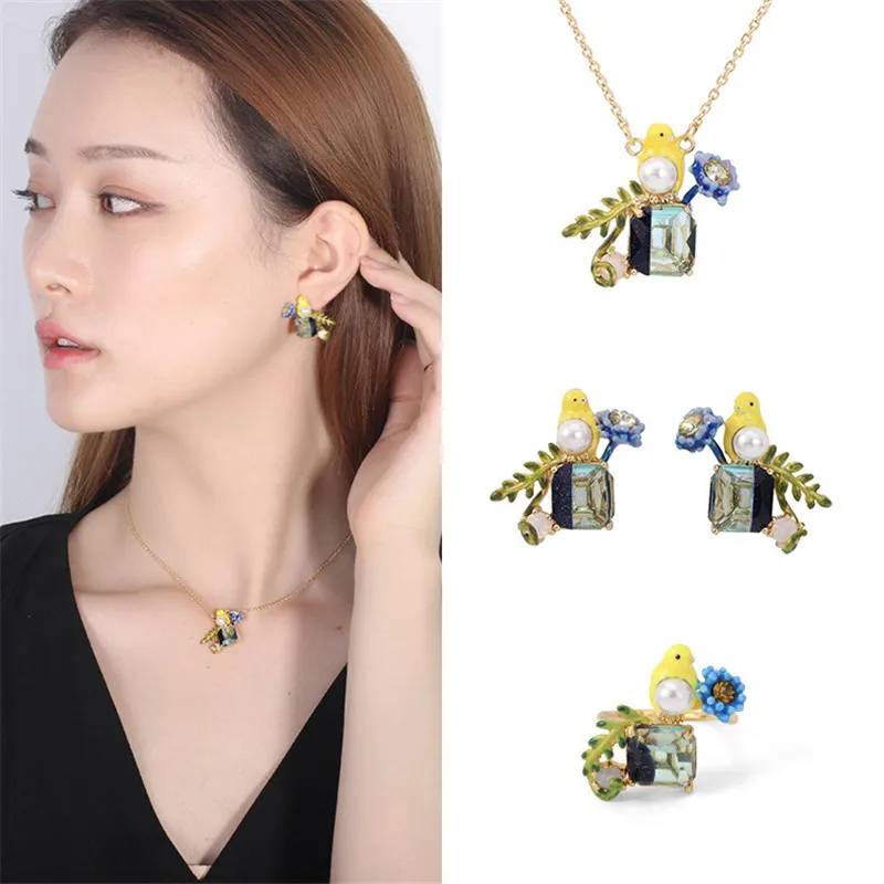 

Warmhome Trendy Jewelry Enamel Glaze Fashion Cute Yellow Bird Flowers Plants Necklace Open Ring Women Earrings Female