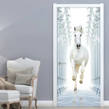 2 Pieces/Set Self-Adhesive Door Sticker 3D White Horse Wallpaper Living Room Bedroom Home Decor Wall Door Decals PVC 3D Stickers door stickers landscape waterproof living room bedroom door wallpaper self adhesive art wall decals imitation 3d wall sticker