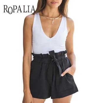 

Women Casual Shorts High Waist Loose Shorts Patchwork Fashionable Bow Short Pant Female Ruffle With Belt