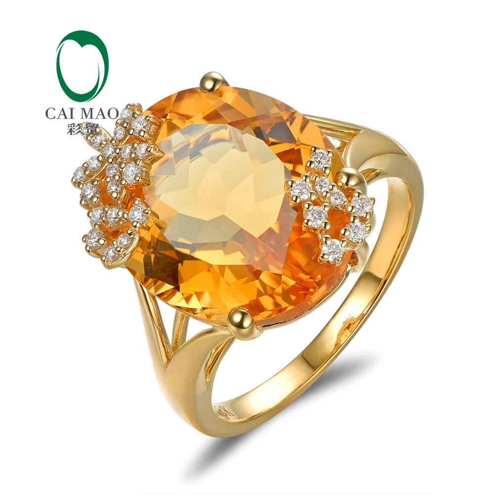 CaiMao 14K Yellow Gold 10.19ct Natural Citrine 0.18ct Pave Diamond Engagement Ring Free Shipping