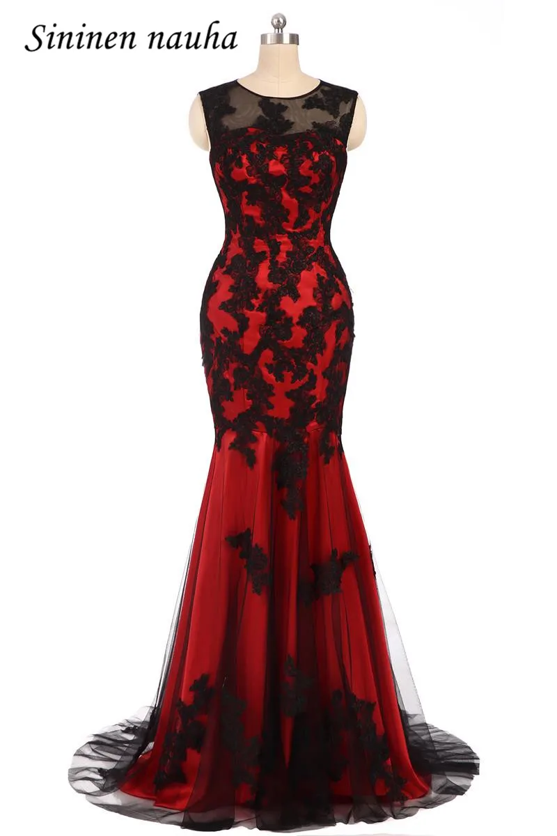 Black Red Evening Dresses Long Scoop Appliques Mermaid Plus Size Cheap Party Formal Dress Vestidos De Festa Robe De Soiree 92