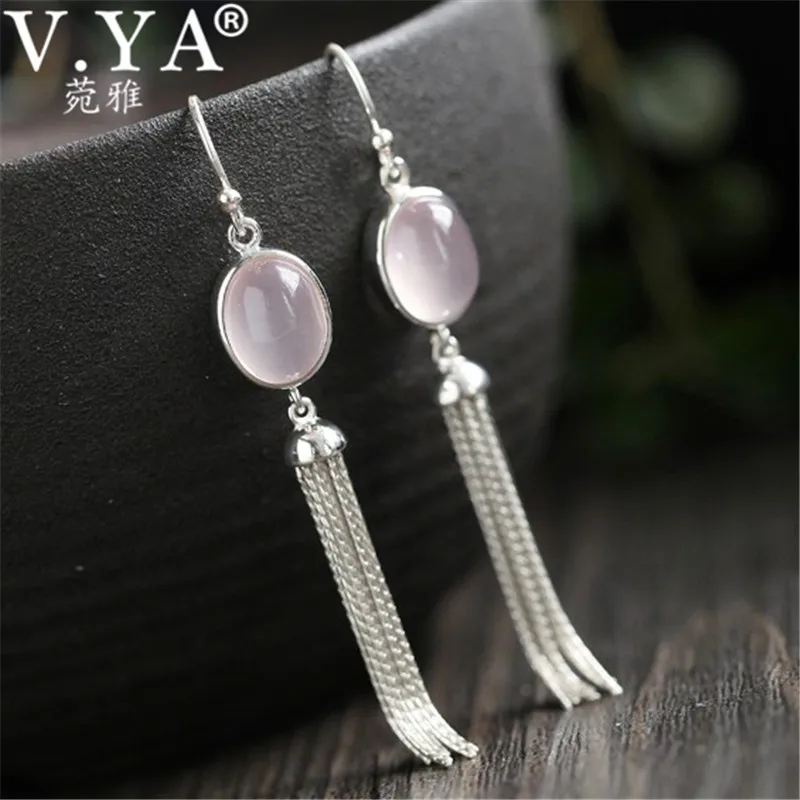 

V.YA Natural Ross Quartz Pink Stone Earrings Dangles 925 Sterling Silver Long Earrings Jewelry for Women Best Gifts