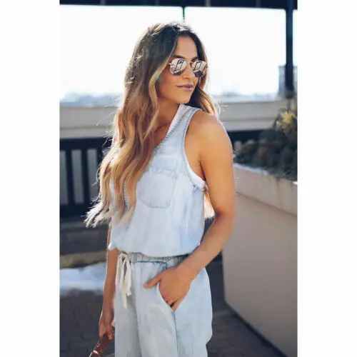

Summer Jumpsuits HOT Women Summer Casual Soft Denim Sleeveless O-Neck Lace Up High Waist Overalls Straps Jumpsuit