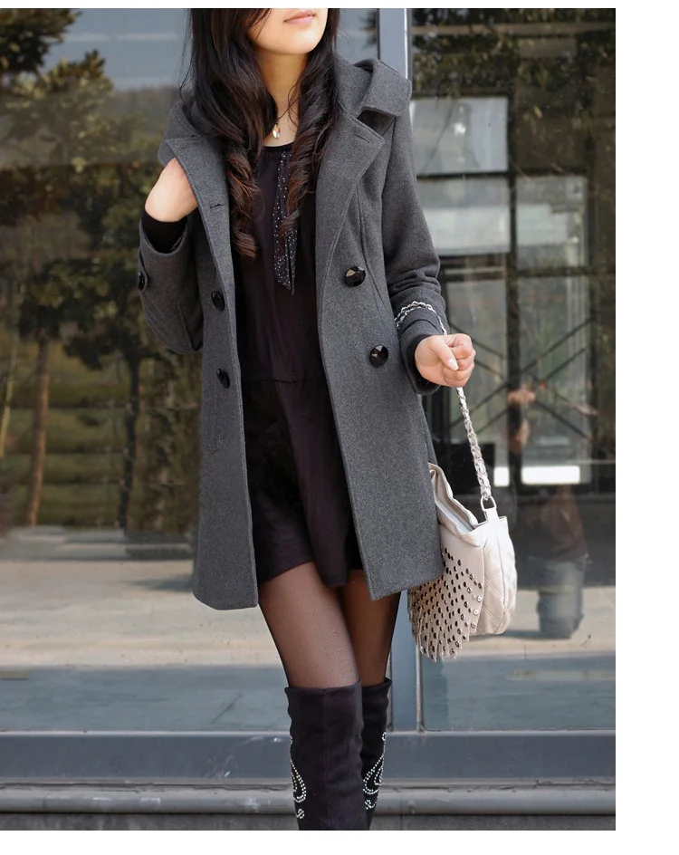 De moda Casual de invierno de la chaqueta de piel elegante, Casaco Feminino medio largo de doble pecho con capucha abrigo de corte Slim de las mujeres chaqueta abrigo fuera abrigo - 1