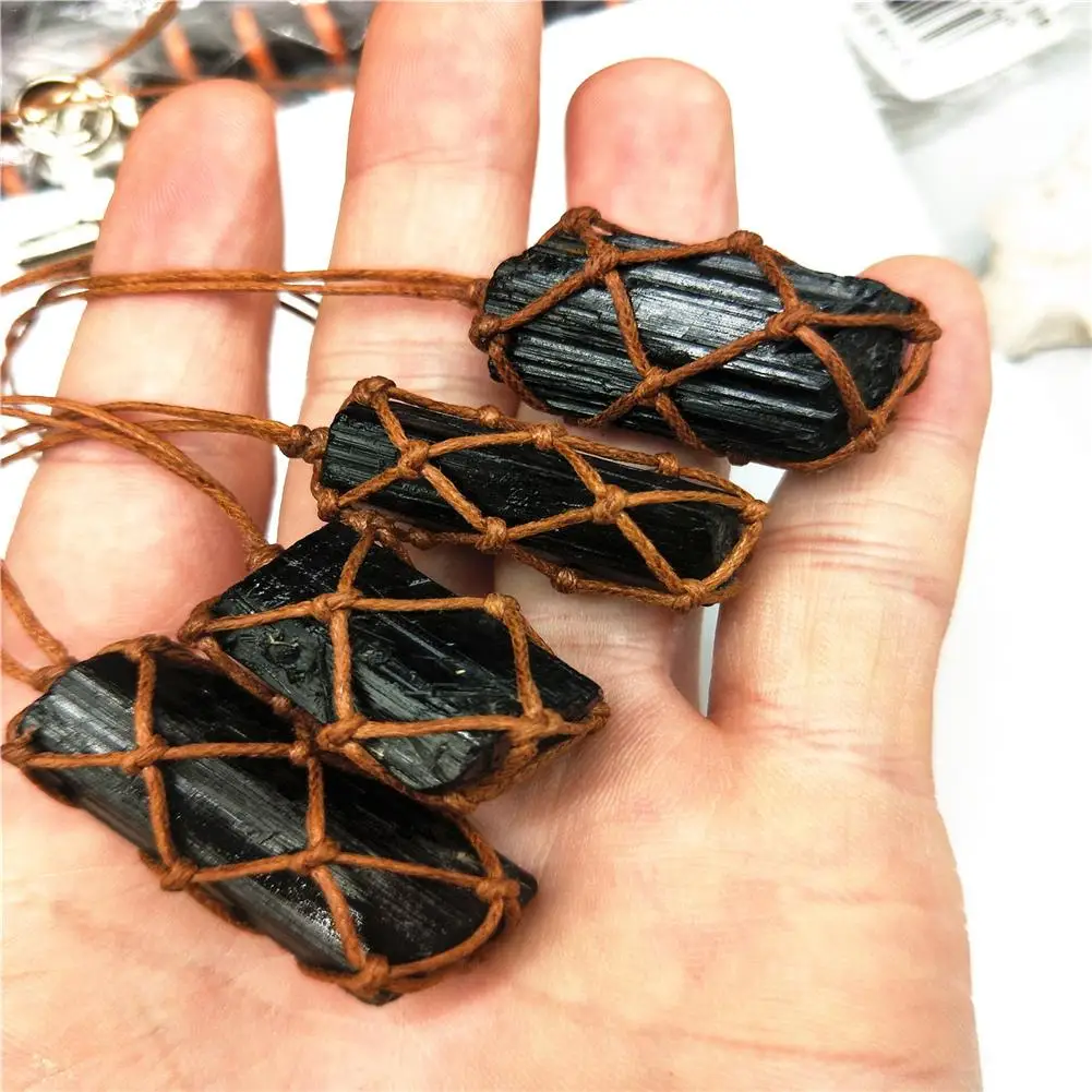 

Natural Black Tourmaline Retro Raw Gemstone Pendant Crystal Hand-Woven Jet Stone Ore Radiation Protection