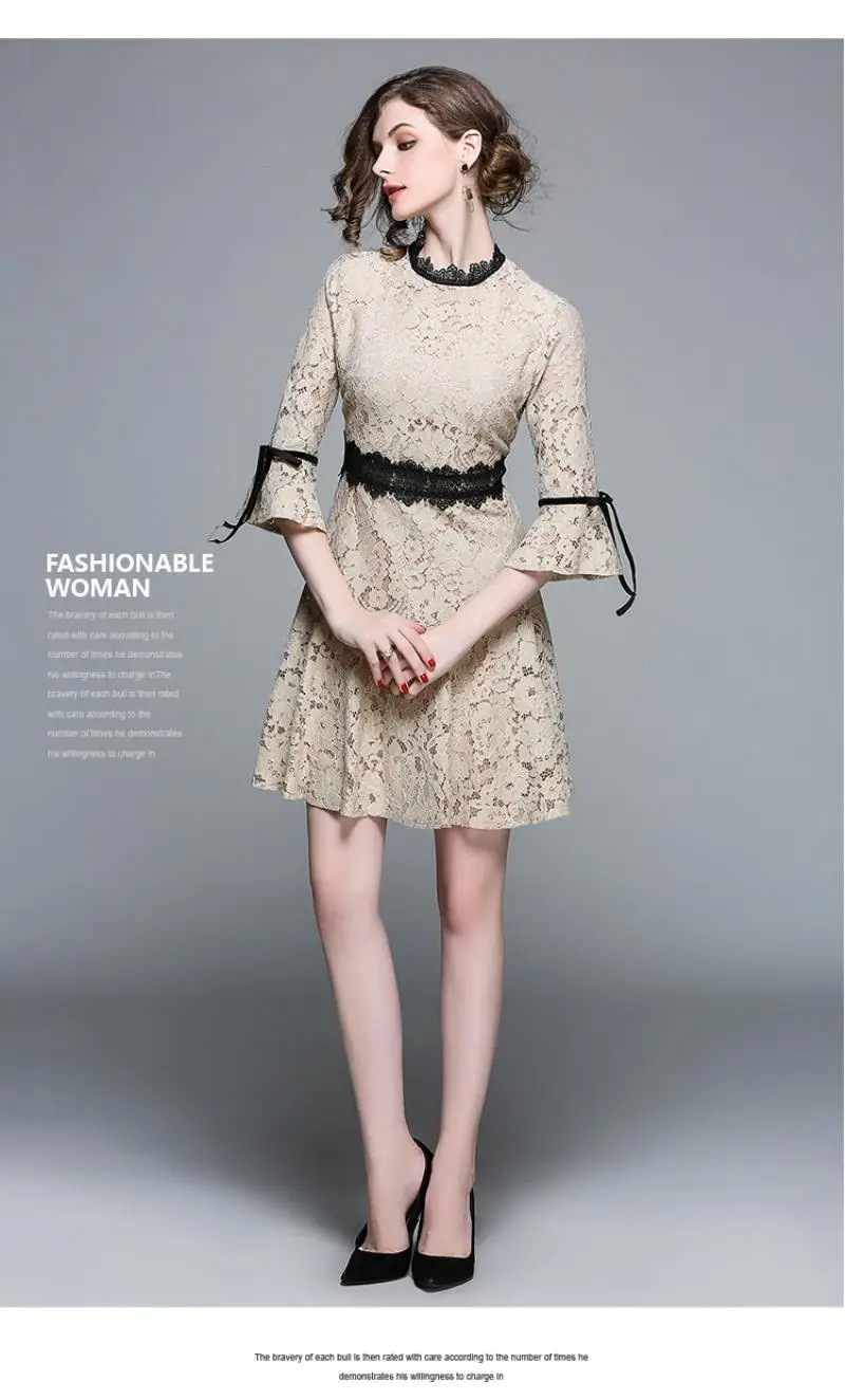 HIGH QUALITY New Fashion 2018 Runway Dress Women's Flare Sleeve Hollow out lace fishtail dress Lady Skirt Midi Dress